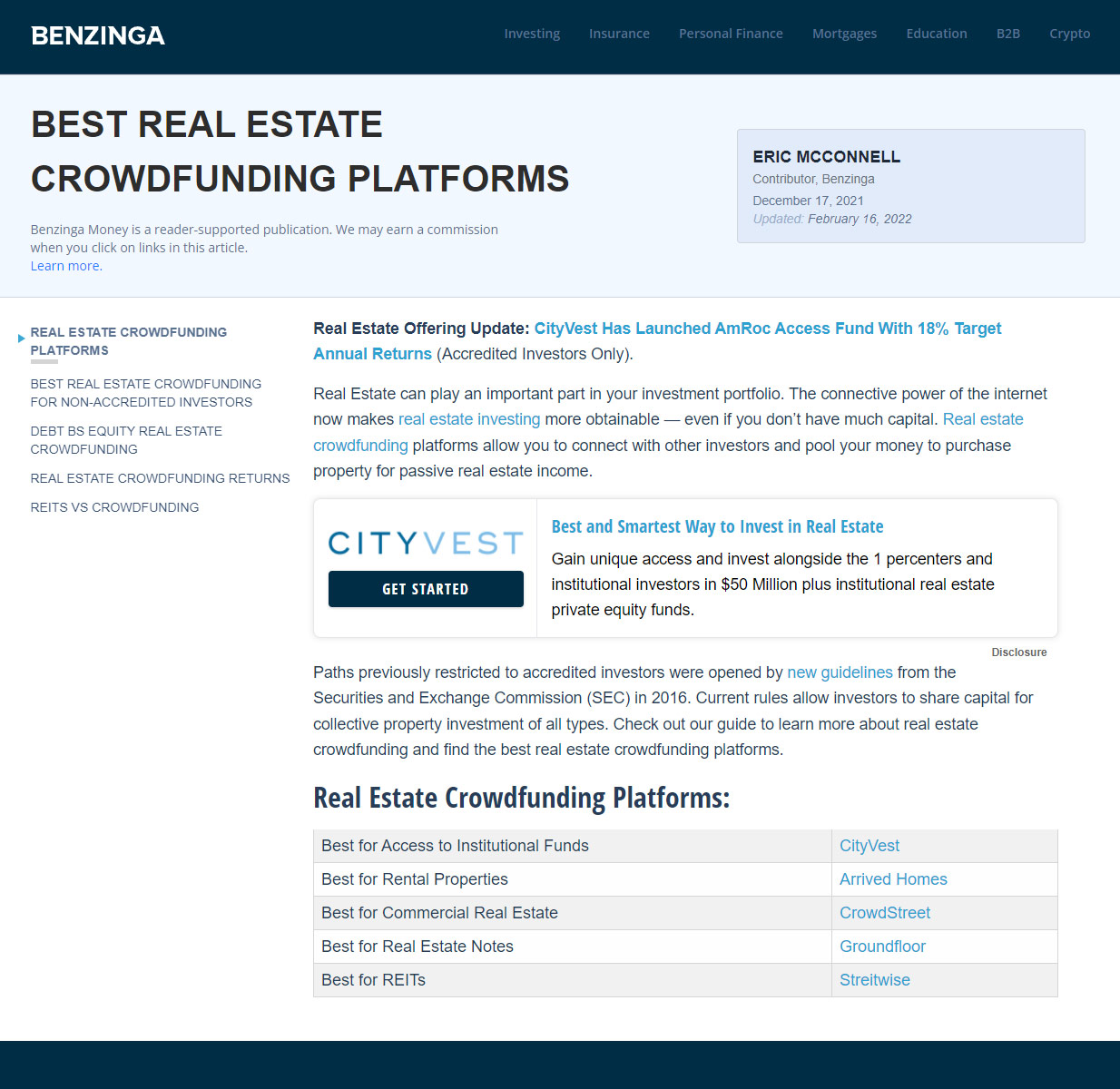 Benzinga Ranks CityVest #1 Real Estate Crowdfunding Platform for Institutional Funds